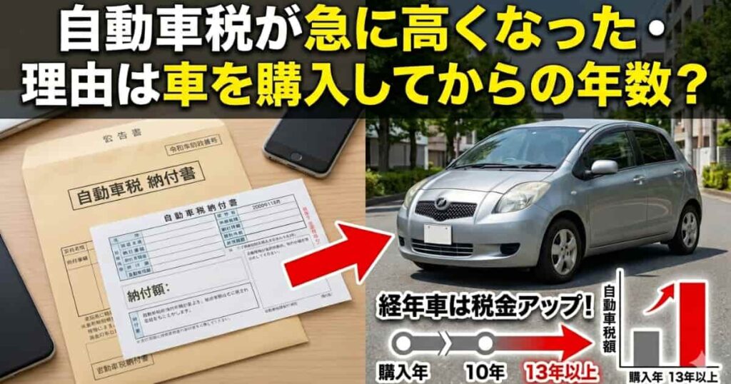 自動車税が急に高くなる理由について説明するアイキャッチ画像